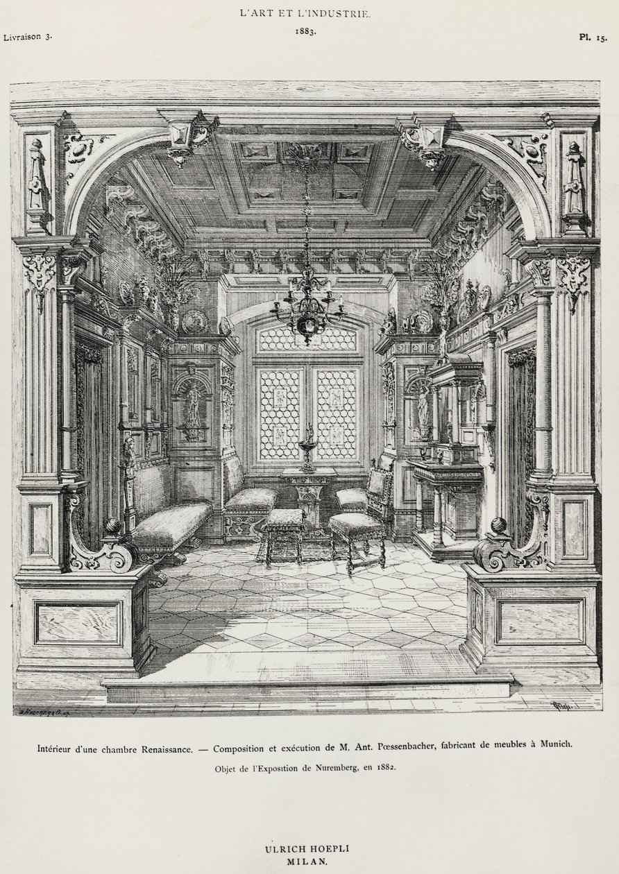 Interno di camera da letto in stile neo-rinascimentale di Possenbacher, Monaco, illustrazione da L