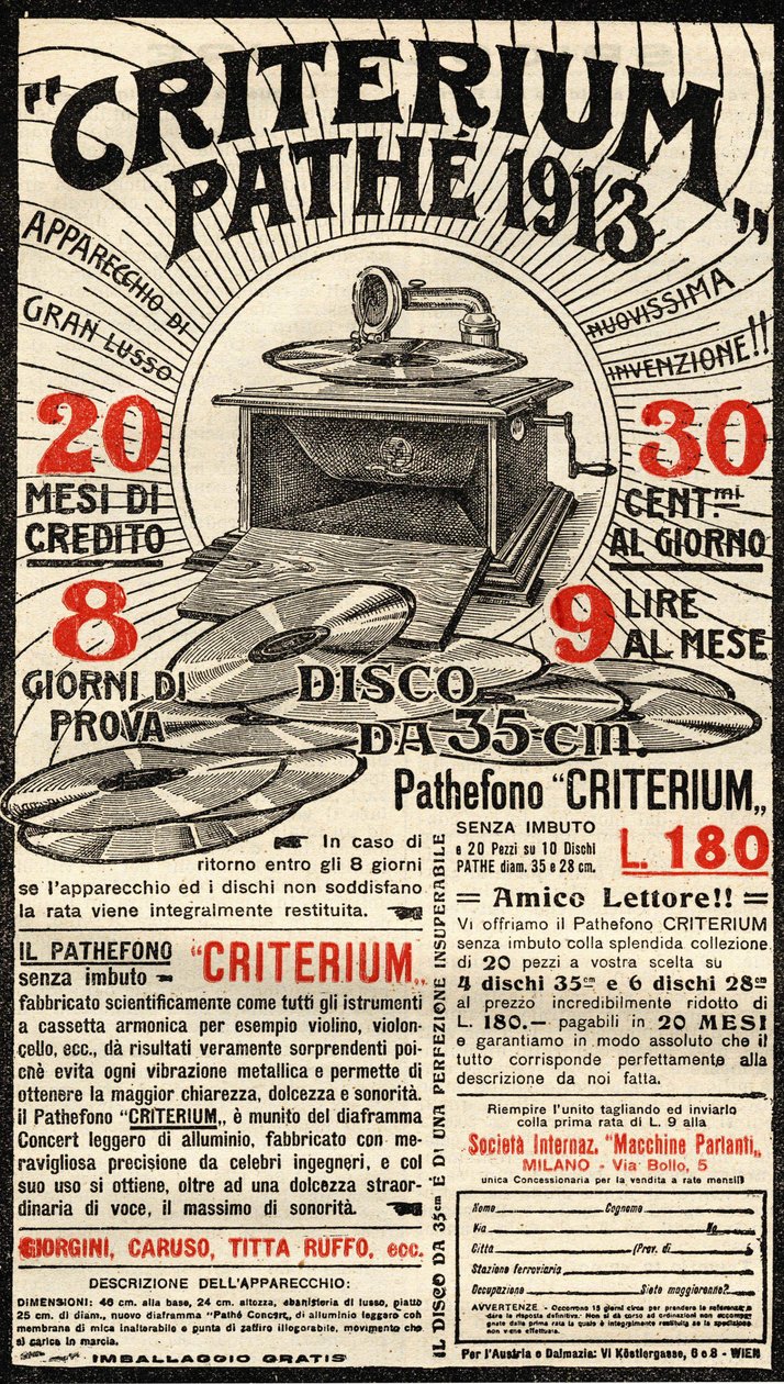 Pubblicità italiana del grammofono Criterium del marchio Pathé. da Italian School