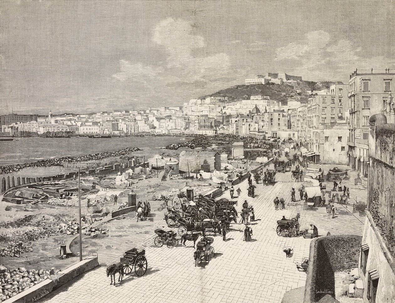 La Marinella, Napoli, Italia, incisione di Sabattini da disegno di A Della Valle, da L