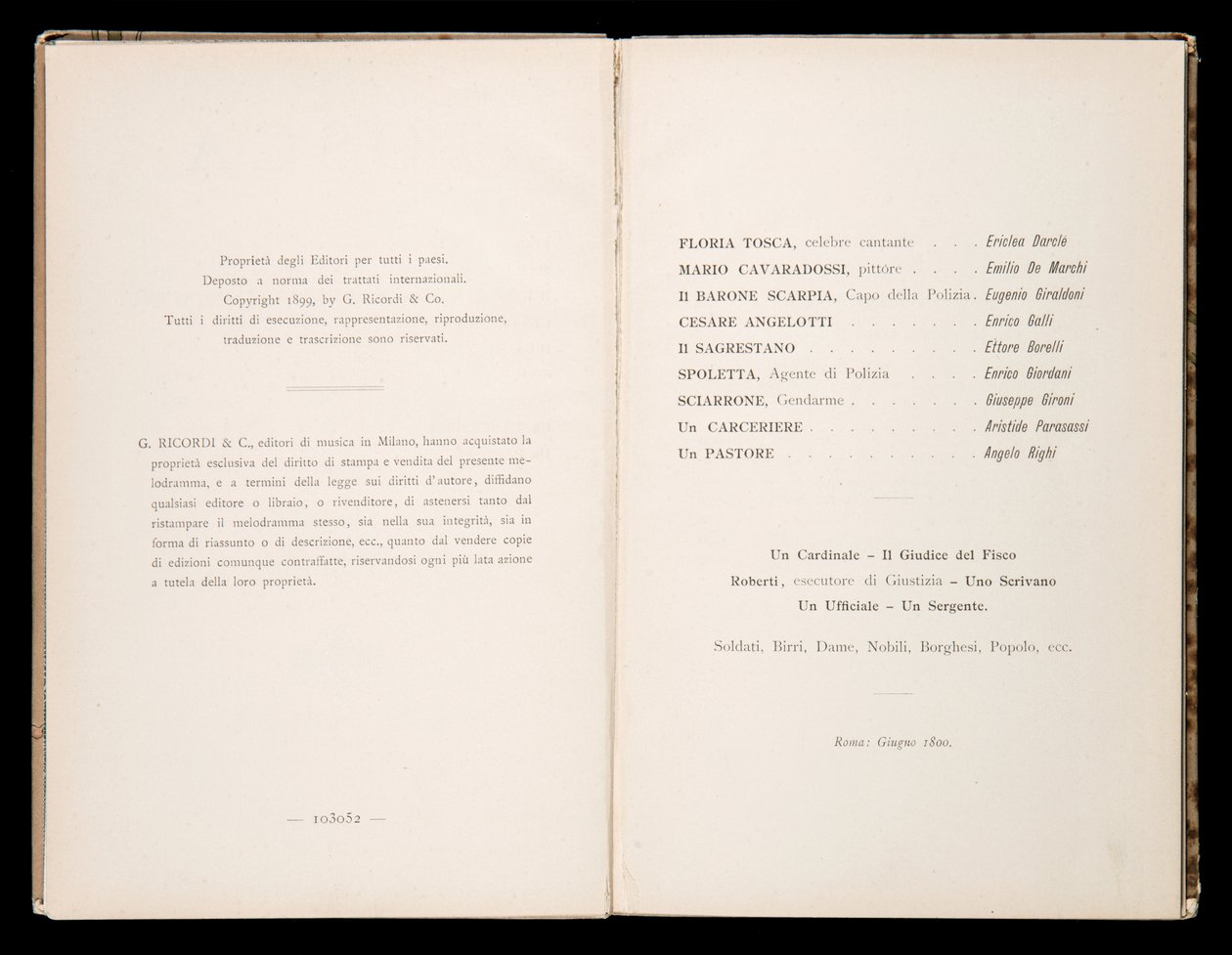 Libretto della Tosca di Giacomo Puccini, Edizione Ricordi, Italia da Italian School