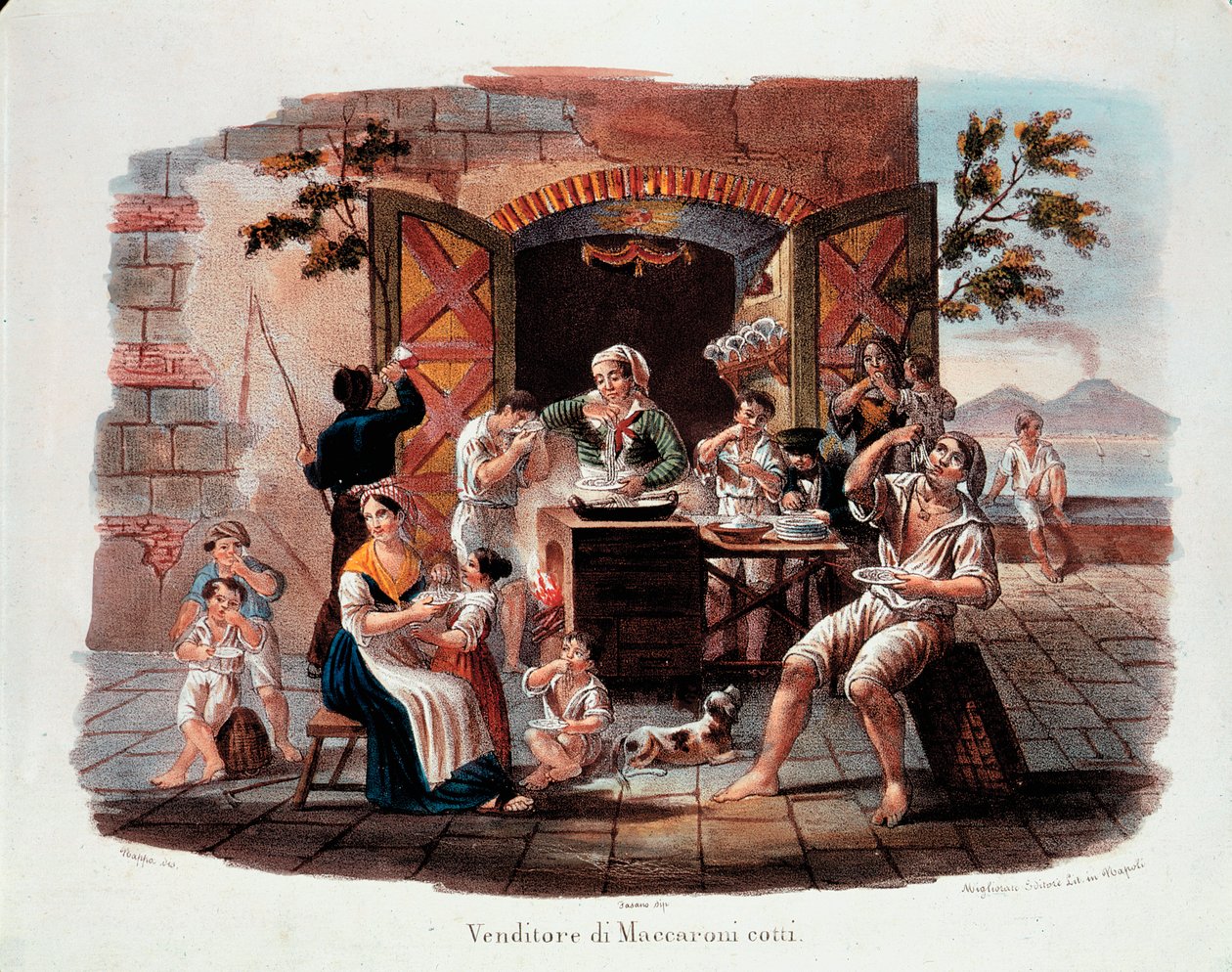 Piccolo mestiere napoletano: un venditore di maccheroni cotti. In lontananza il Vesuvio sulla baia di Napoli. Litografia del XIX secolo. Museo Nazionale delle Paste Alimentari, Fondazione Agnesi, Roma da Italian School