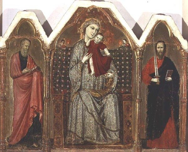Madonna col Bambino in Trono, con San Giovanni Evangelista e San Paolo, Scuola Riminese (pannello trittico) da Italian School