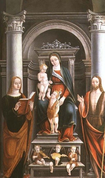 Madonna col Bambino che riceve una rosa dal giovane San Giovanni Battista, con santi e angeli di M.B. (monogramma) da Italian School