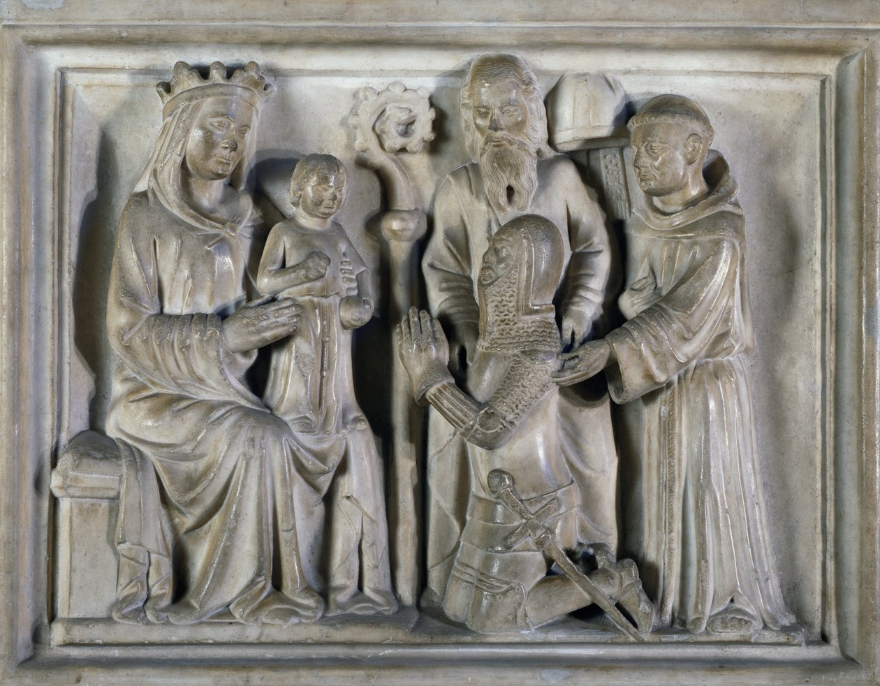 Madonna col Bambino, con un guerriero e santi, rilievo creato dai Maestri di Campione. Italia da Italian School
