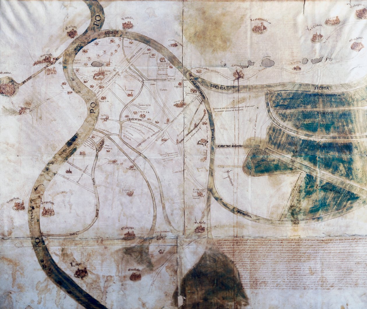 Mappa del territorio del monastero di San Benedetto Po alla confluenza del Secchia e del Mincio nel Po, a destra aree in fase di bonifica e canali di drenaggio, Italia da Italian School