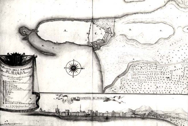 Mappa della fortezza di Modon, Morea da Italian School