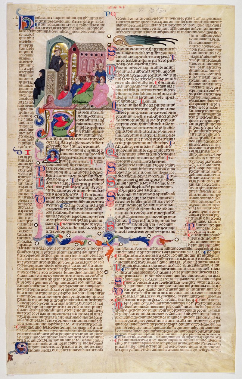 Marlay Cutting IT.11: Foglio con miniatura dal Decretum di Graziano che mostra un monaco che predica a una congregazione di uomini e donne da Italian School