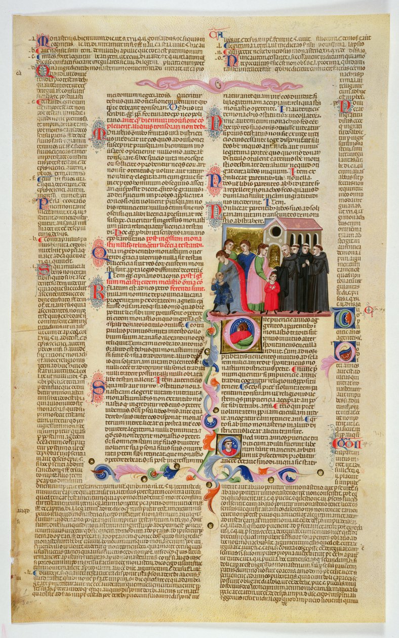 Marlay Cutting IT.9: Foglio con miniatura dal Decretum di Graziano che mostra due ragazzi portati in un monastero dai loro genitori da Italian School