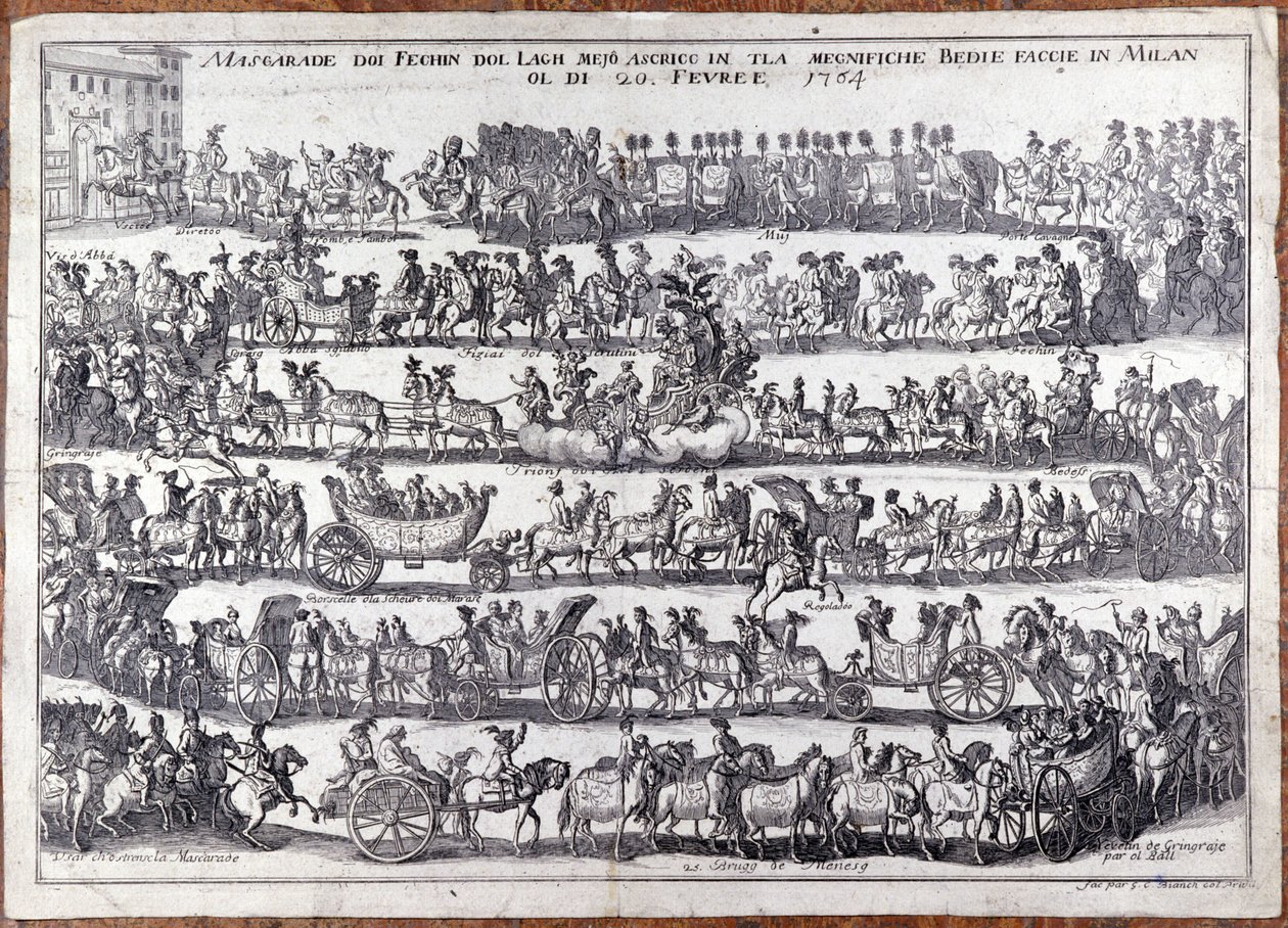 Mascherata: processione e danza di persone mascherate in occasione del carnevale. Milano 20/02/1764. Incisione del XVIII secolo da Italian School