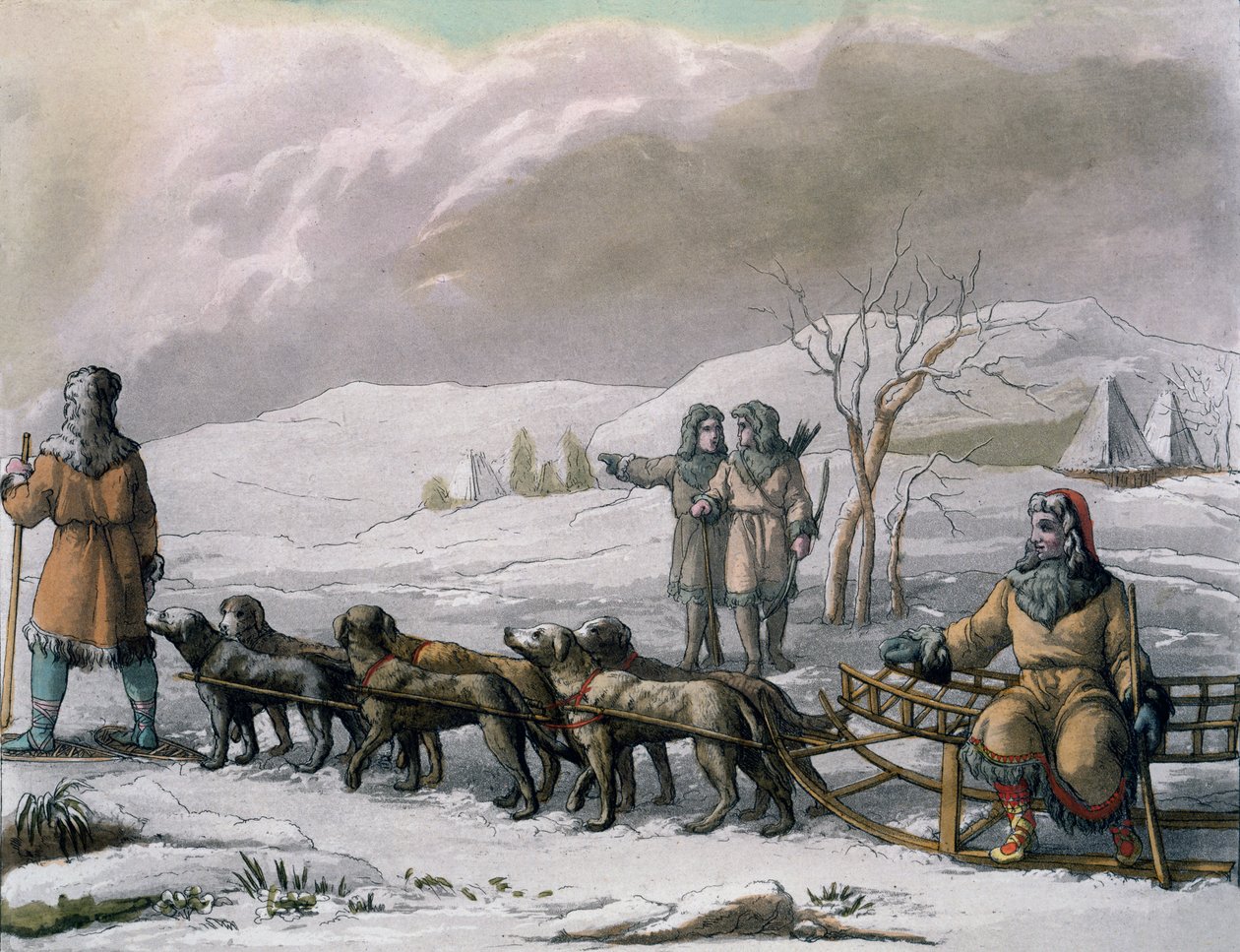 Uomini di Kamchatska, con una slitta trainata da cani, da Costumi dei... di Giulio Ferrario, c.1820-30 da Italian School