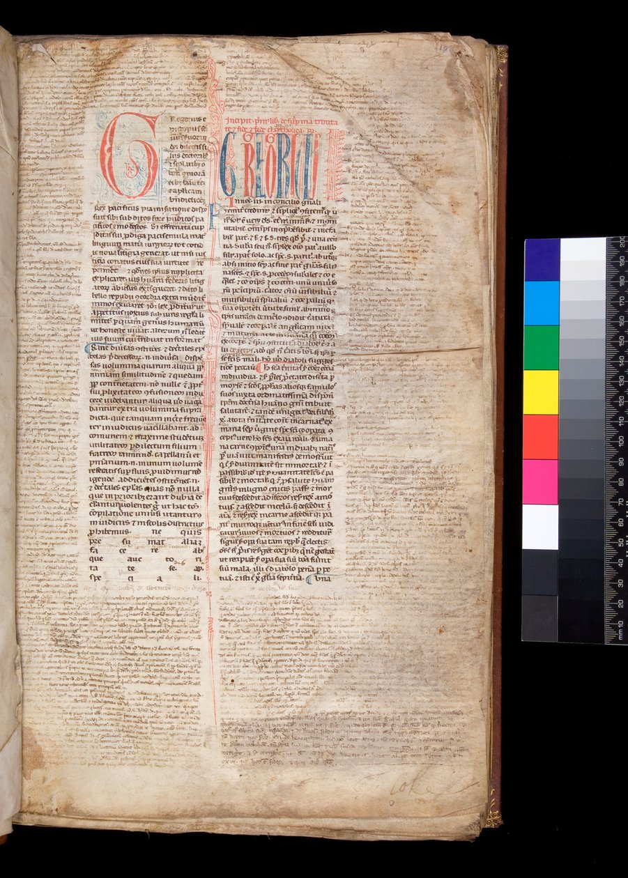 Ms 213. Gregorio IX, Decretales con Apparatus di Bernardo Botone di Parma, F.1r. Iniziale [G] in rosso con decorazione riservata e a penna blu da Italian School
