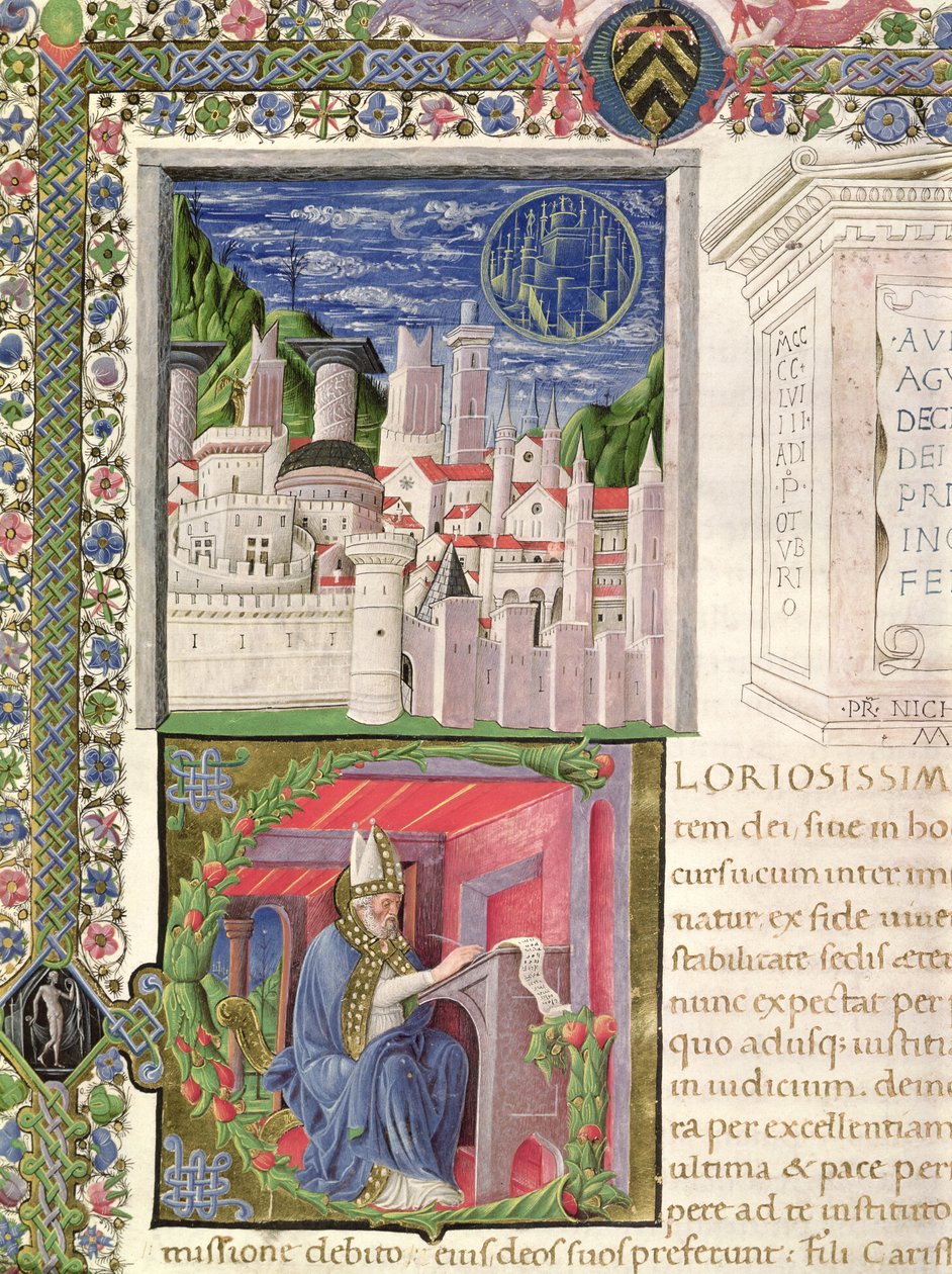 Ms 218 f.2r Veduta di Roma come la Città di Dio, e Sant