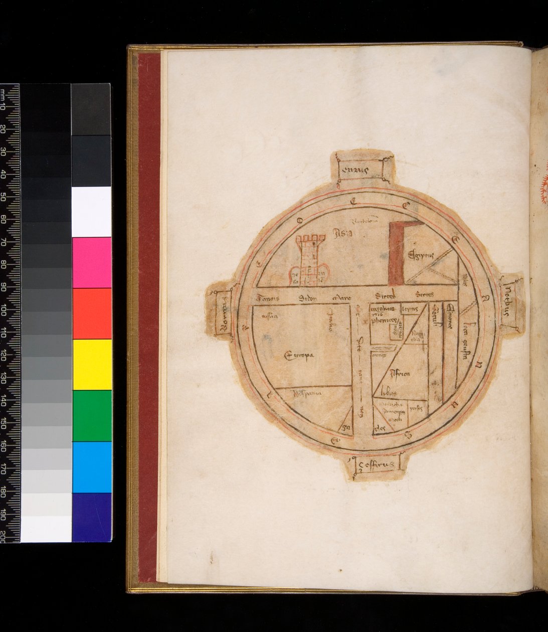 Ms 315. Orazio, Ars Poetica e Epistulae, f.1v. Mappa T-O del mondo, con una torre che rappresenta Gerusalemme da Italian School