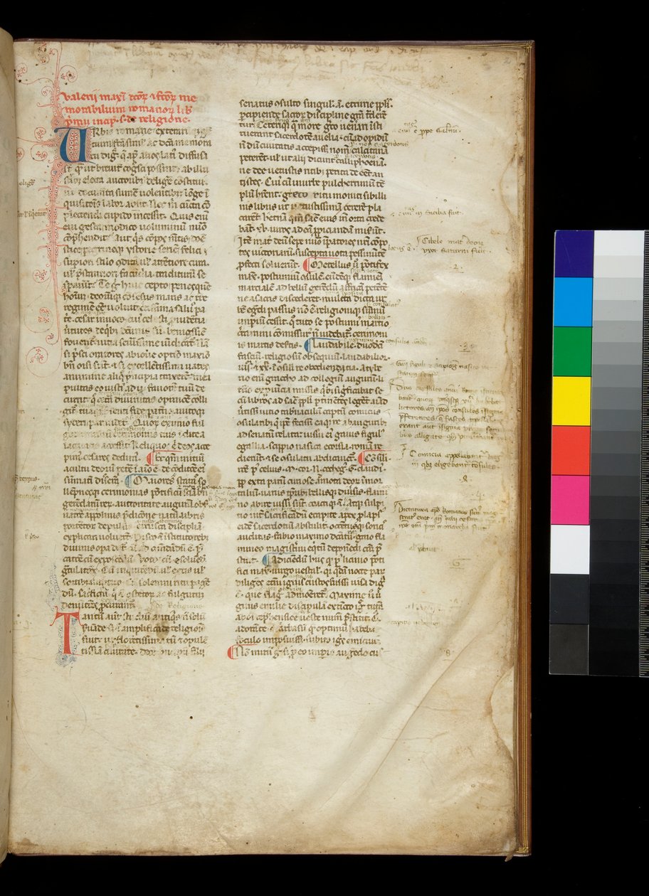 Ms 361. Valerius Maximus, Factorum et Dictorum Memorabilium Libri, f.2r. Beispiel einer abgerundeten gotischen Semi-Quadrata-Buchschrift und farbigen Initialen mit kontrastierenden Federverzierungen von Italian School