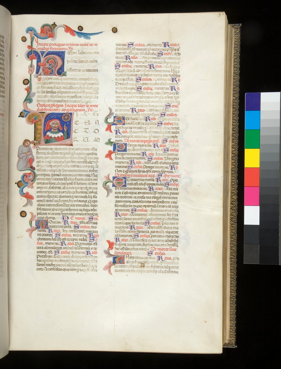 Ms 390. Seneca il Giovane, Opera, e Seneca il Vecchio, Excerpta controversiarum, f.95r. Iniziale abitata [L], con ritratto di Seneca che indica la Ruota della Fortuna e una figura maschile abbattuta nel bordo da Italian School