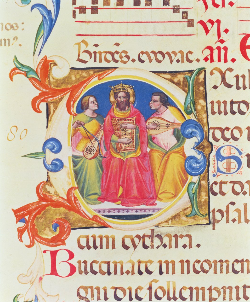 Iniziale istoriata O raffigurante Re Davide e due angeli, dal Salterio di Santa Maria Novella, miniato da Paolo Soldini (fl.1342-86) 1379 da Italian School