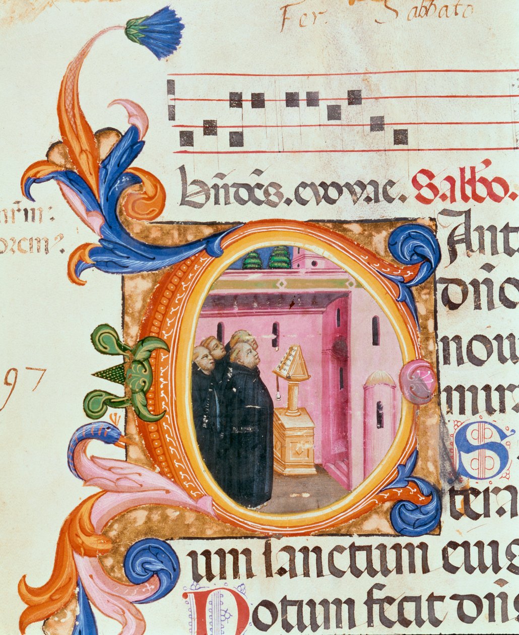 Iniziale istoriata C raffigurante monaci che guardano un testo, dal Salterio di Santa Maria Novella, miniato da Paolo Soldini (fl.1342-86) 1379 da Italian School