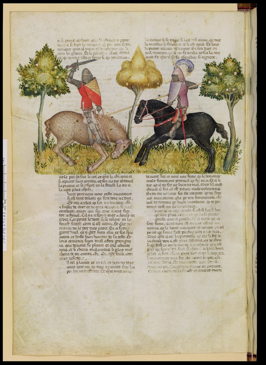 Ms Fr 343 fol.26v Il cavallo di Sir Percival viene ucciso, dalla Queste del Saint Graal, c.1380-85 da Italian School