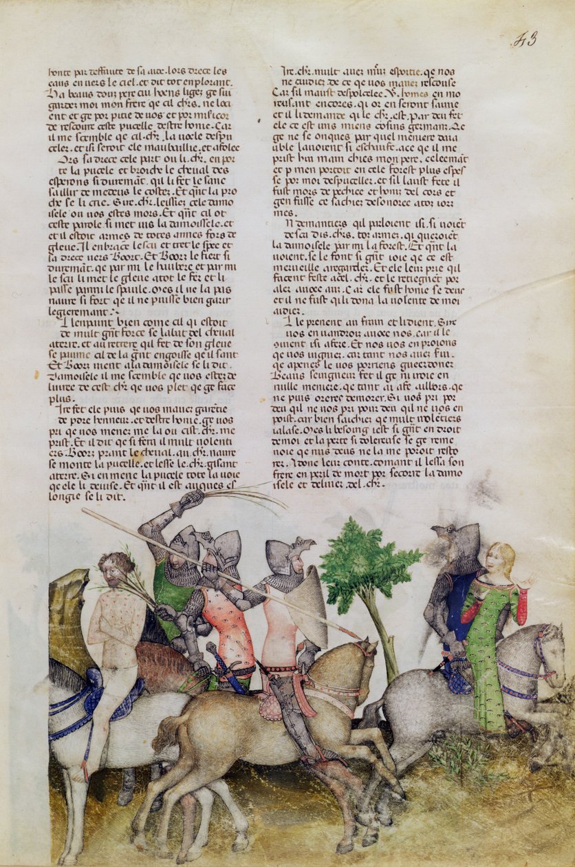 Un cavaliere della Tavola Rotonda, Sir Bors, è costretto a scegliere tra salvare suo fratello Lionel o salvare una damigella, dalla Queste del Saint Graal, c.1380-85 da Italian School