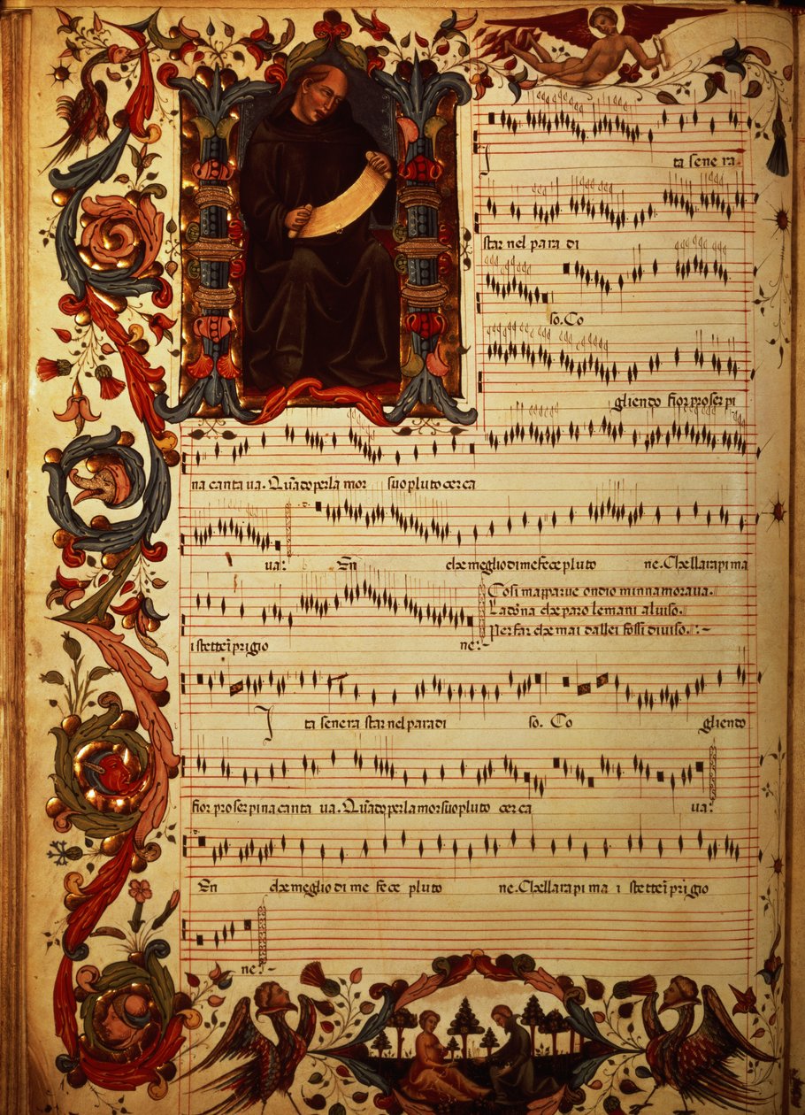 Pagina di notazione musicale con iniziale istoriata, dal Codice Squarcialupi, prodotto nel monastero fiorentino di S. Maria degli Angeli da Italian School