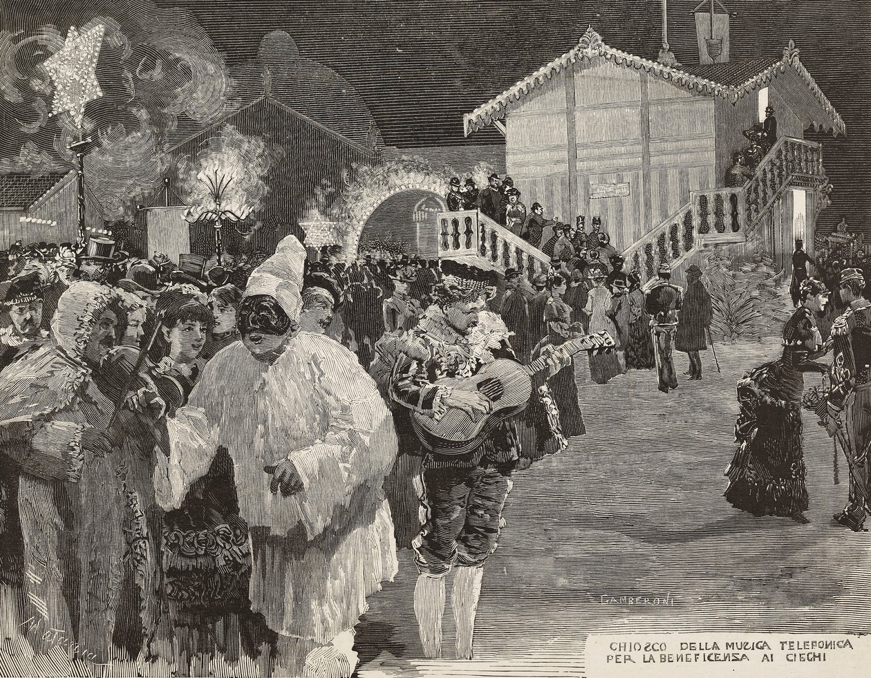 Chiosco musicale per raccogliere fondi per i ciechi, maschera di Pulcinella, Carnevale a Napoli, Italia, incisione da disegno di Matania, incisione di Gamberoni da L