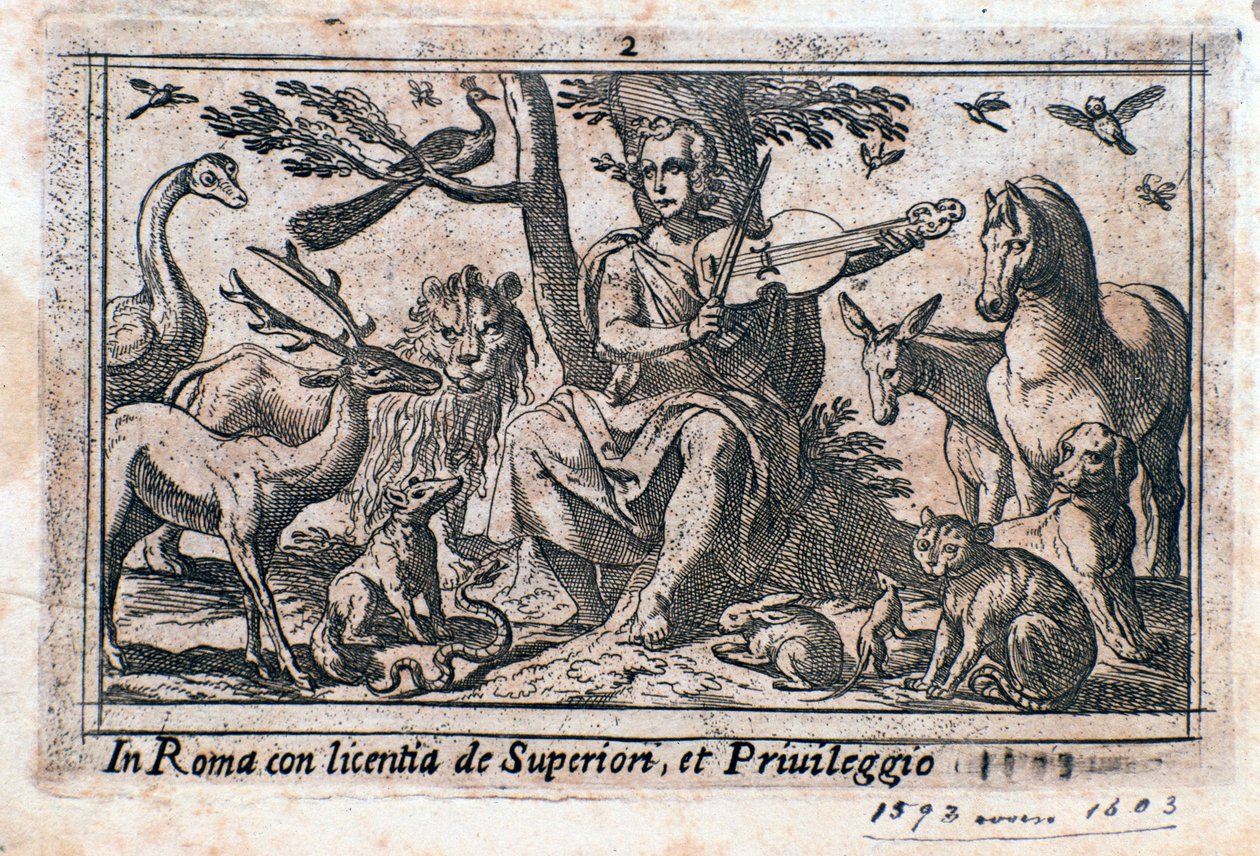 Orfeo che suona tra gli animali (xilografia) da Italian School
