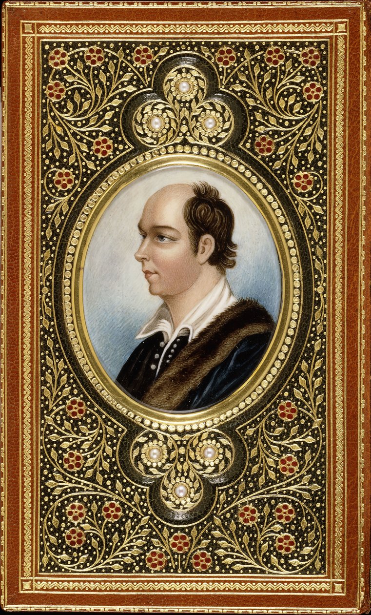 Miniatura ovale del ritratto di Oliver Goldsmith, incorniciata con trifogli dorati e tre perle, 1831 da Italian School
