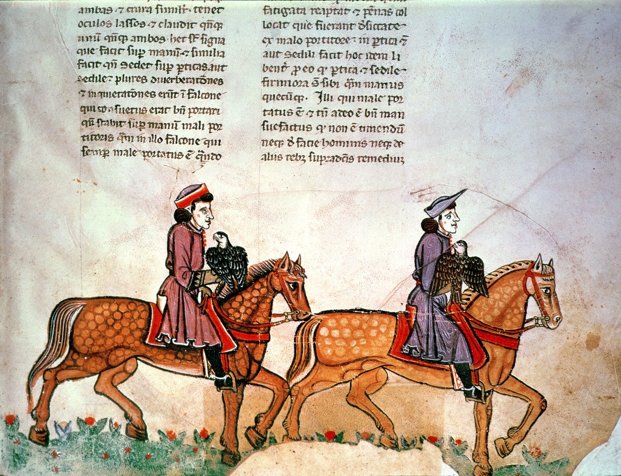 Federico II: Due cavalieri con falchi, da De Arte Venandi cum Avibus da Italian School