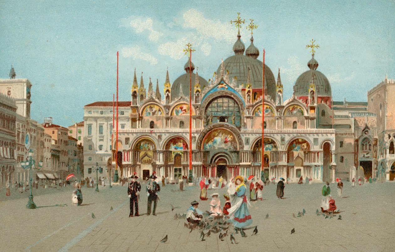 Piazza San Marco e la Basilica di San Marco, Venezia, Italia (cromolitografia) da Italian School