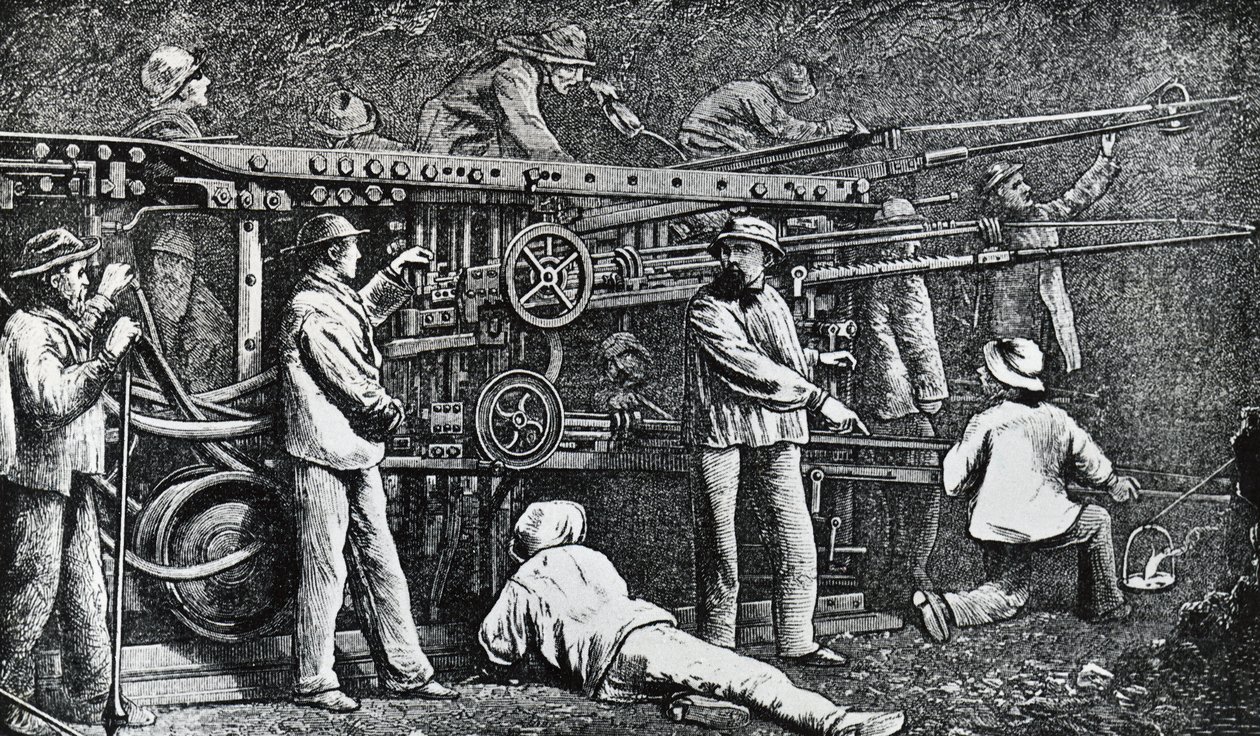 Macchina perforatrice pneumatica creata da Giovanni Battista Piatti e perfezionata da Germano Sommeiller (1815-1871), incisione Italia da Italian School