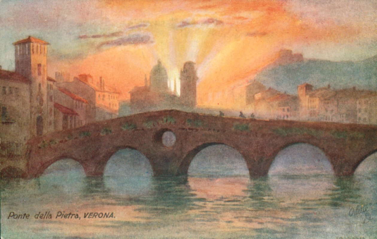 Ponte Pietra, il più antico ponte romano, Verona, Italia (litografia a colori) da Italian School
