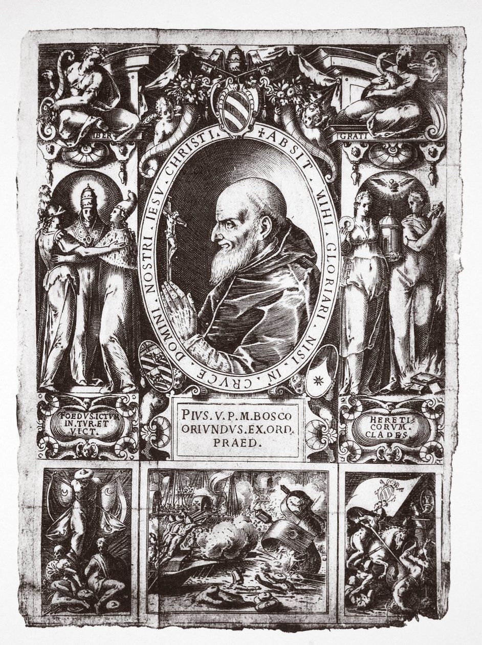 Papa Pio V, con vignette della Battaglia di Lepanto, da Vita del Gloriosissimo Papa Pio Quinto, pub. 1586 da Italian School