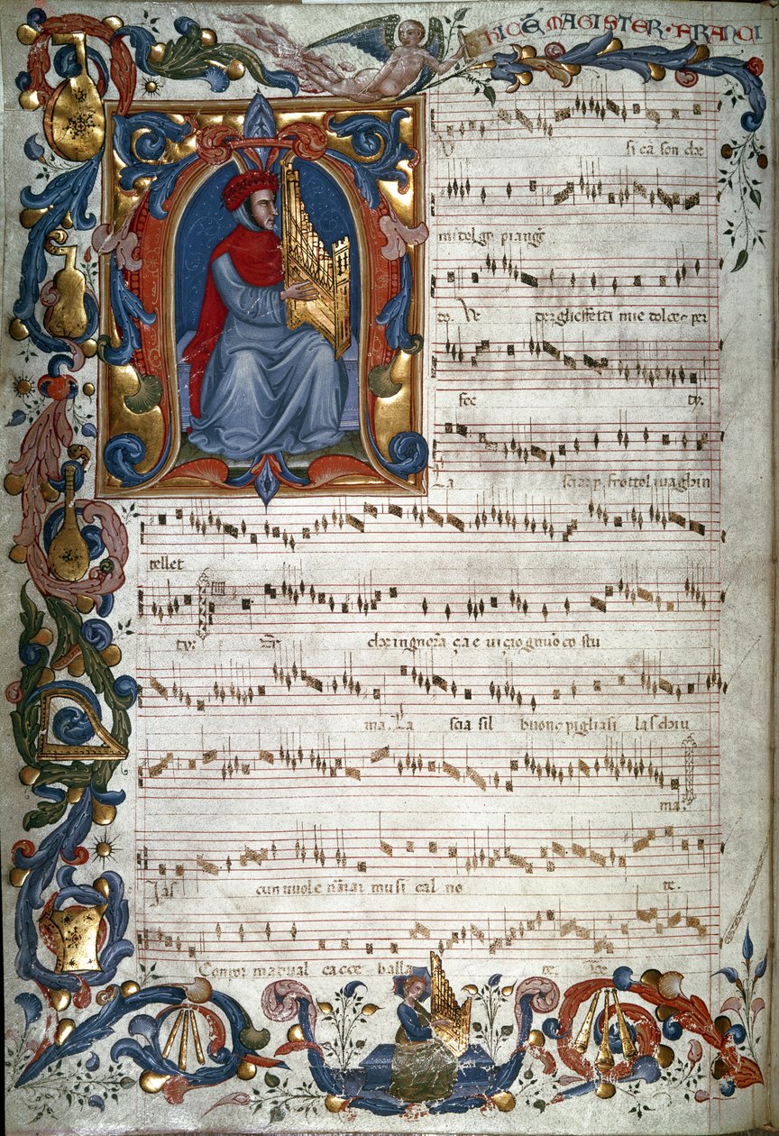 Ritratto di Francesco Landino e uno spartito musicale, illustrazione dal "Codice Squarcialupi", c.1325-35 da Italian School