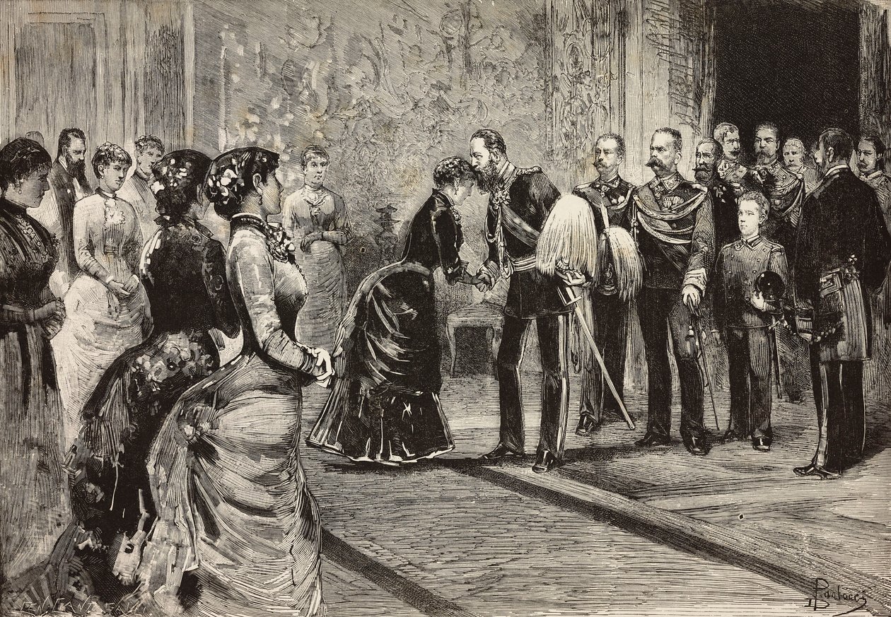 La regina Margherita e Umberto I ricevono il principe ereditario di Germania (futuro Federico III) al Quirinale, Roma, Italia, incisione da disegno di Dante Paolocci, da L