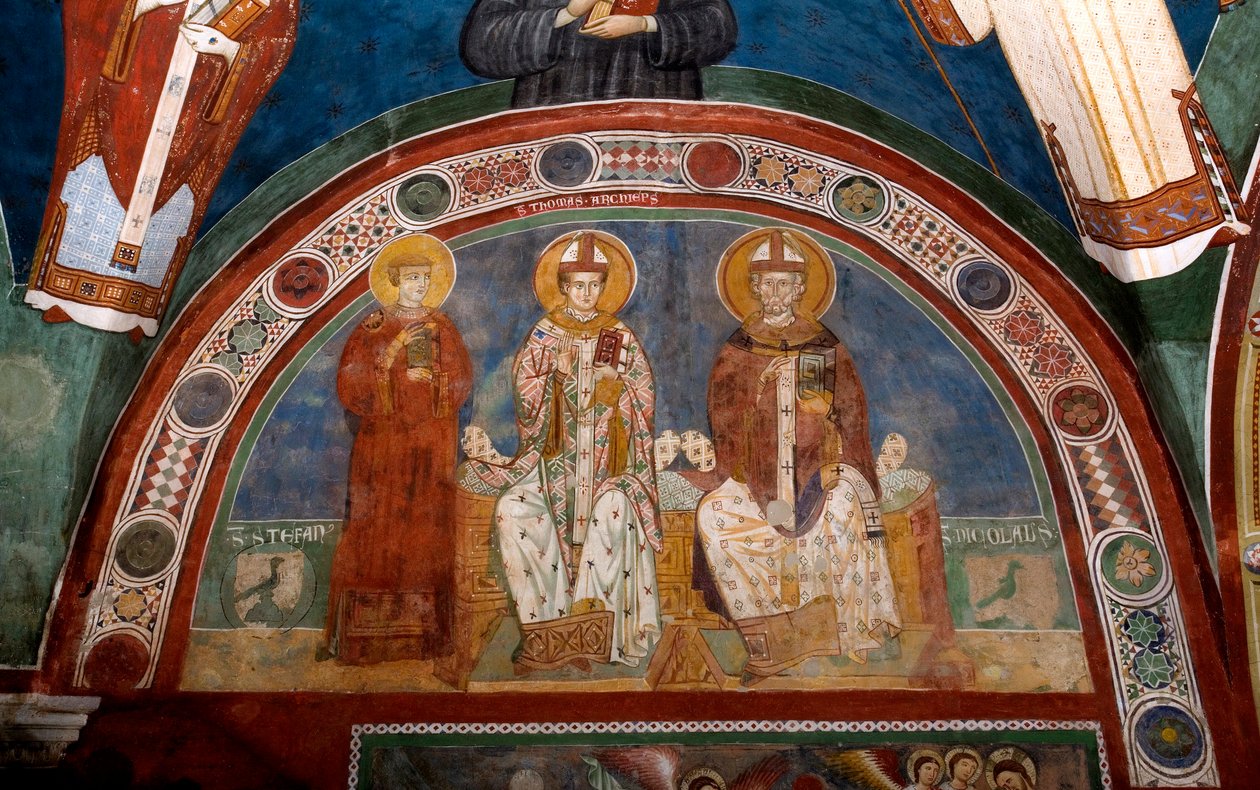 Rappresentazione di Santo Stefano, martire cristiano, San Tommaso Becket (1118-1170), arcivescovo di Canterbury e San Nicola di Myra o Bari (270-345). Affresco anonimo (XIII secolo). Chiesa inferiore. Monastero di San Benedetto (Sacro Speco), Subiaco (Roma da Italian School