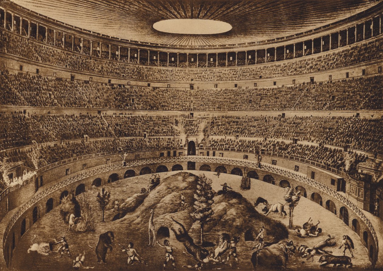 Roma / Rome: Interno del Colosseo, La Caccia alle Fiere, ricostruzione storica (litho) da Italian School