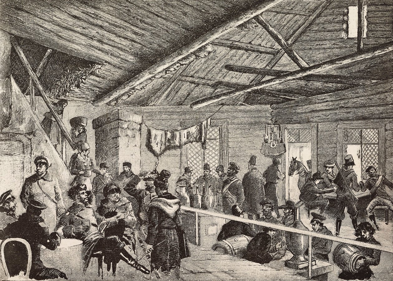 Soldati russi in una taverna vicino alle fortificazioni di Varsavia, Polonia, incisione da schizzo di Fritzmann, da L