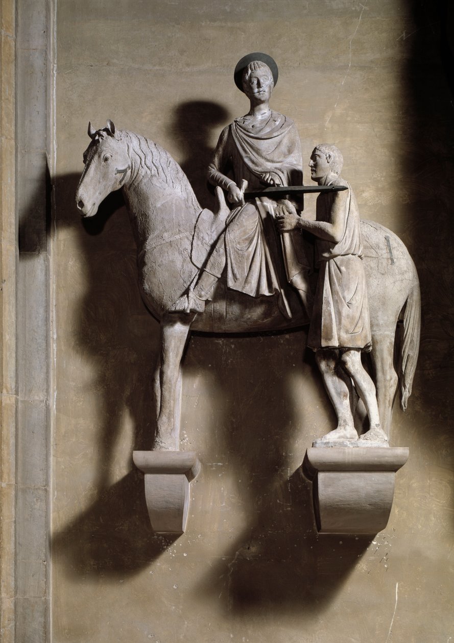 San Martino a cavallo che condivide il suo mantello con un mendicante. Scultura da Italian School