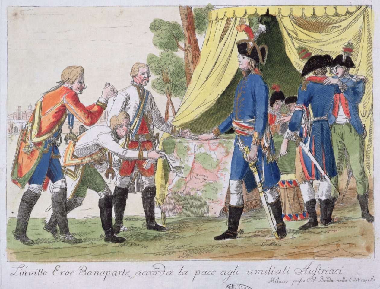 Firma del Trattato di Campo Formio tra Francia (rappresentata da Bonaparte) e Austria (rappresentata da Cobenzl) nel 1797 da Italian School