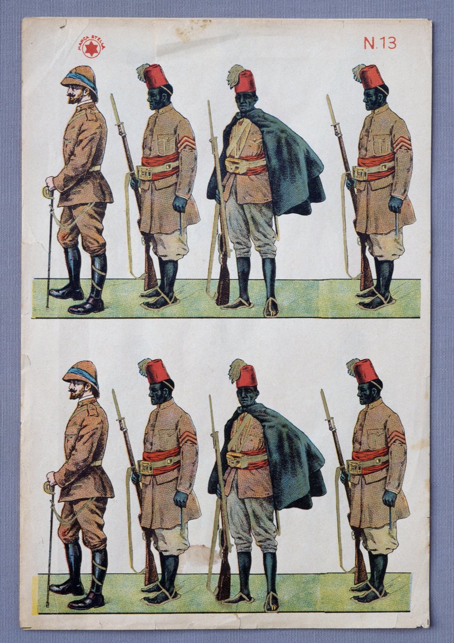 Soldati in uniforme Ascari, soldati ritagliati in carta, stampa litografica dorata, realizzata da Stella, Italia, XX secolo da Italian School