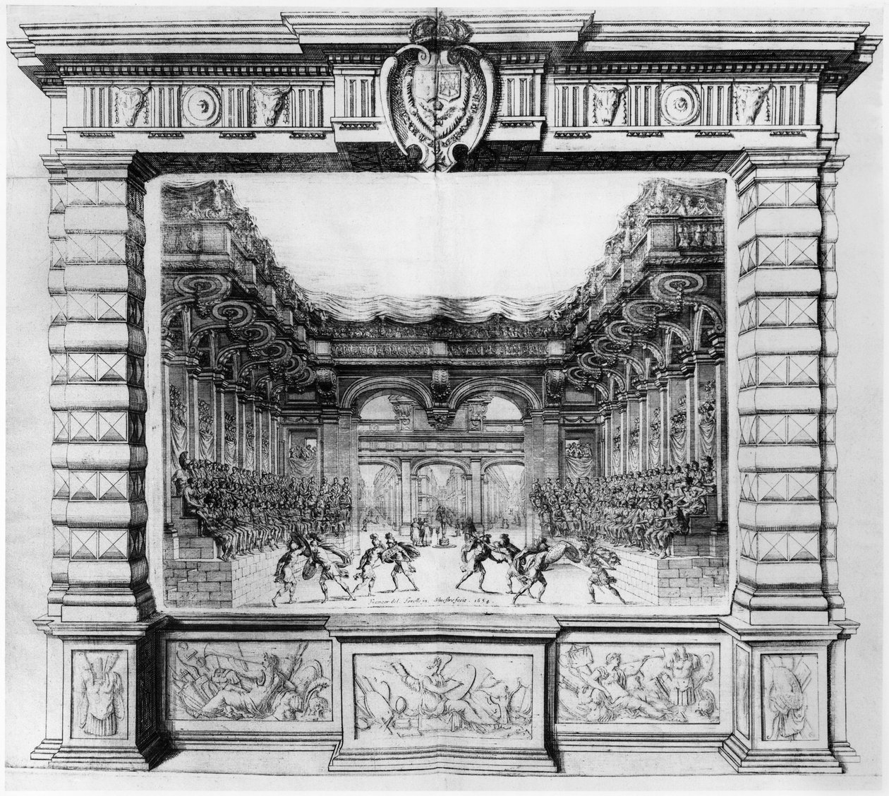 Scenografia di Giacomo Torelli (1608-78) per la Finta Pazza rappresentata nel 1645 al Theatre Petit Bourbon di Parigi, 1654 da Italian School