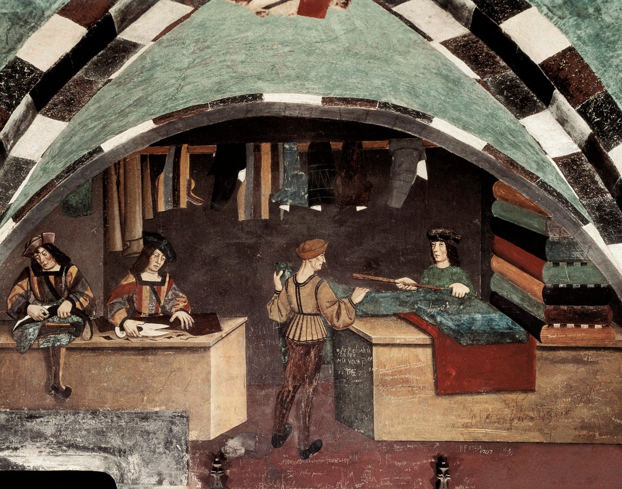 Sartoria. Un uomo cuce, un altro taglia il tessuto e un terzo vende il tessuto a un cliente. Affresco Castello di Issogne (XV secolo) da Italian School