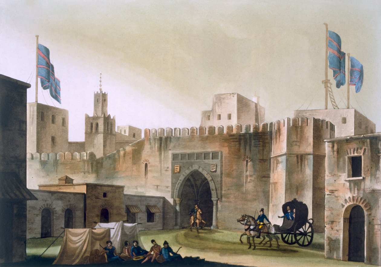 La porta Beb Kar a Tunisi, con europei in carrozza trainata da cavalli, c.1820-30 da Italian School