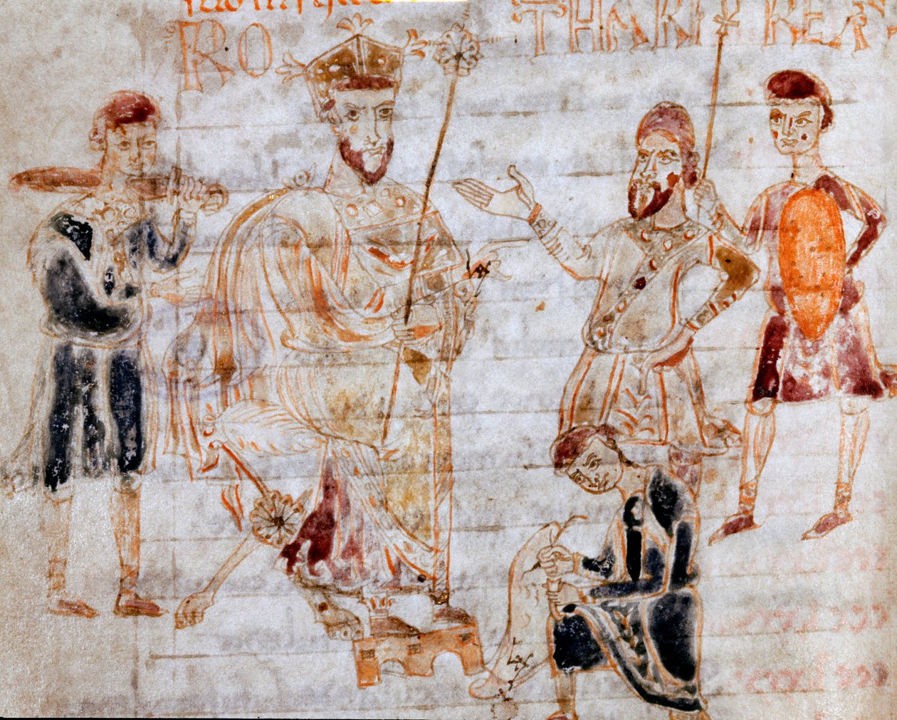 Il re longobardo Rotari (o Rotari) (morto nel 652) pubblicò il 22/11/643 il suo editto a Pavia. Pagina del manoscritto (ms. 4) "Codex Legum Longobardorum" che descrive le leggi del regno longobardo stabilite dal re Rotari da Italian School