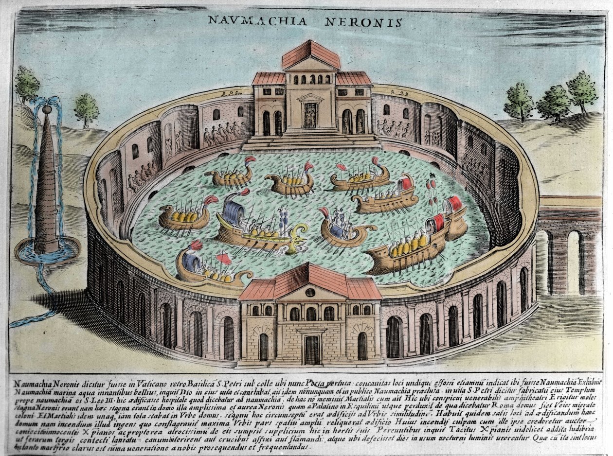 La Naumachia di Nerone, rappresentazione di una battaglia navale a Roma. Incisione (XVII secolo). da Italian School
