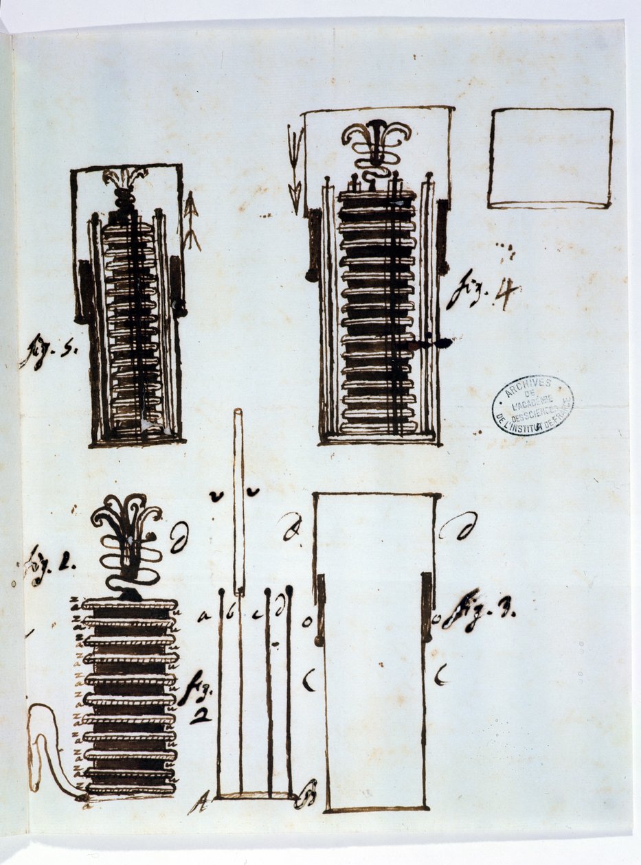 La pila di Volta (batteria). Disegno da una lettera di Alessandro Volta (1745-1827) a Dieudonne Dolomieu (1750-1801) sul galvanismo, 1801 da Italian School