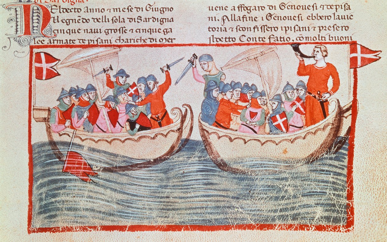La battaglia di Meloria, miniatura dalle Nuove Cronache di Giovanni Villani, Italia XIV secolo da Italian School