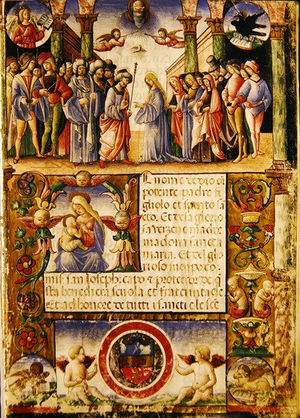 Il fidanzamento della Vergine, da una Mariegola della confraternita laica di San Giuseppe e San Silvestro, 1315 da Italian School