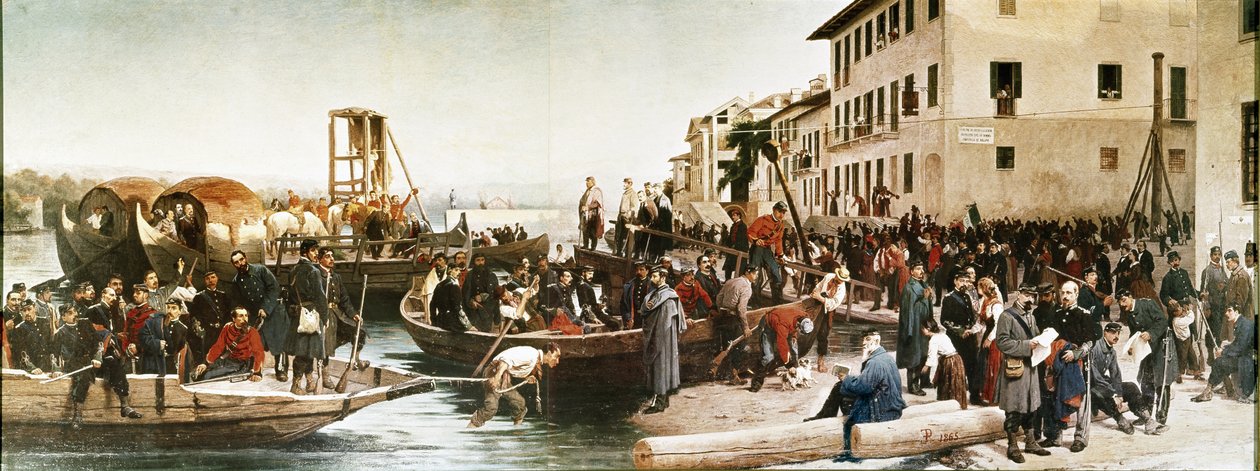 Lo sbarco dei Cacciatori delle Alpi a Sesto Calende nel 1848 da Italian School