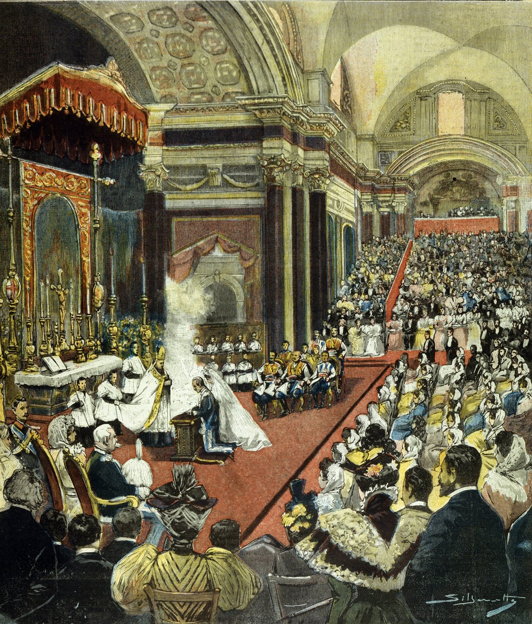 Il matrimonio religioso di colui che diventerà Re Vittorio Emanuele III con la Principessa Elena del Montenegro nella Chiesa di Santa Maria degli Angeli a Roma nel 1896 da Italian School
